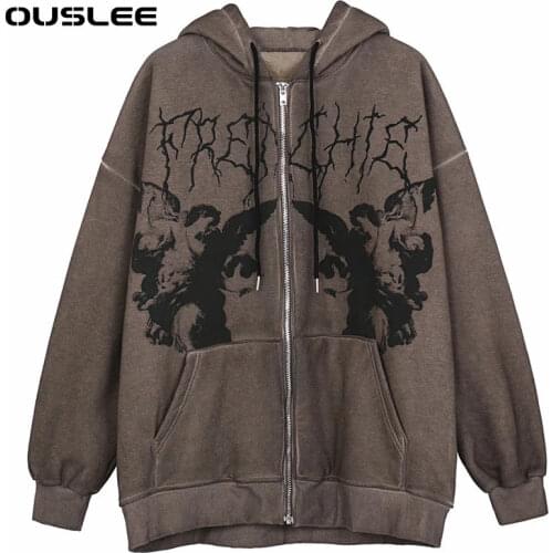 OUSLEE Autumn Women Hip Hop Streetwear Hooded Jacket Angel Dark Print Jacket Outwear Zipper Grunge Y2K Aesthetic Streetwear