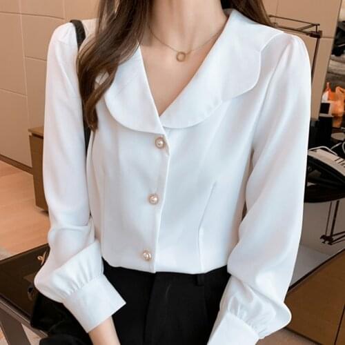 Long Sleeve White Blouse Chiffon Blouse Shirt Women Tops Blouse Women Blusas Mujer De Moda 2021 Doll Collar Women Blouses E366
