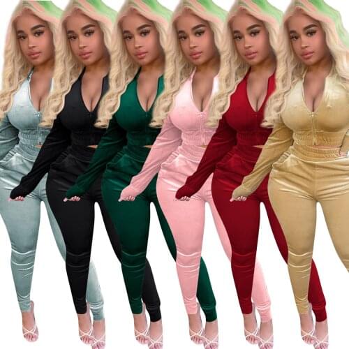 Autumn Women Velvet Tracksuit Fashion Long Sleeve Zipper Crop Top+High Waist Pencil Pants 2 Piece Set Woman Casual Sport Outfits