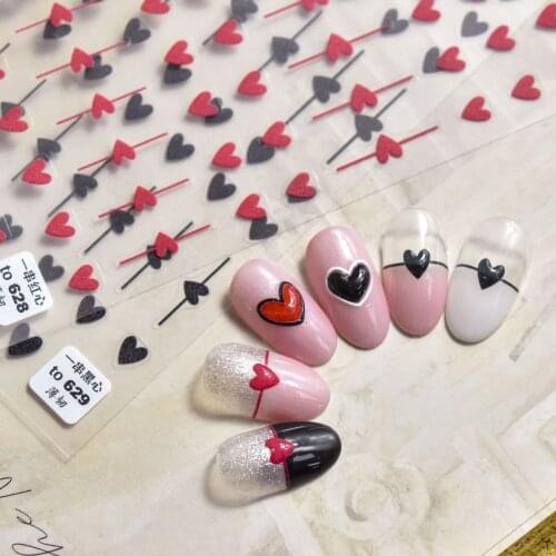 1pc 3D Red Black Acrylic Love Heart Nail Sticker Line Hollow Design Nails Art Adhesive Tip Gradient Blooming Manicure Decoration