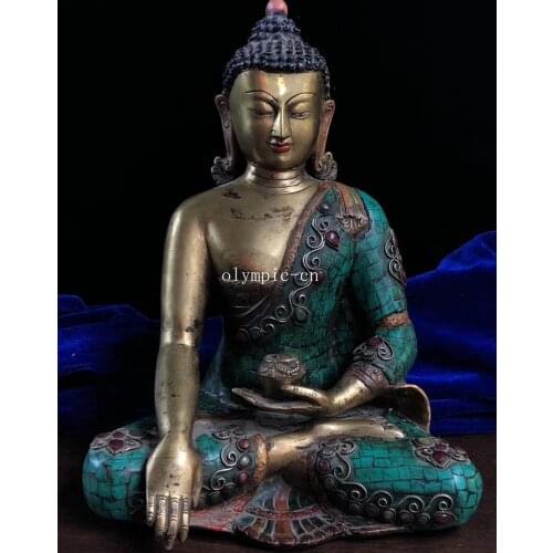 12''Nepal tibet bronze gold inlay Turquoise coral gem Sakyamuni tathagata buddha