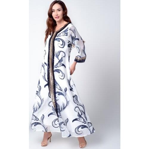 2021 Summer Muslim Clothes Sequins Embroidered Abaya Dress for Women V Neck Long Sleeve Arabic Turkey Moroccan