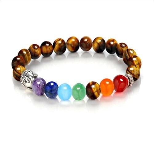 7 Chakra Reiki Rainbow Stone Beads Bracelet Buddha Head Healing Balance Purple Lava Yoga Beads Stretch Bracelet Jewelry