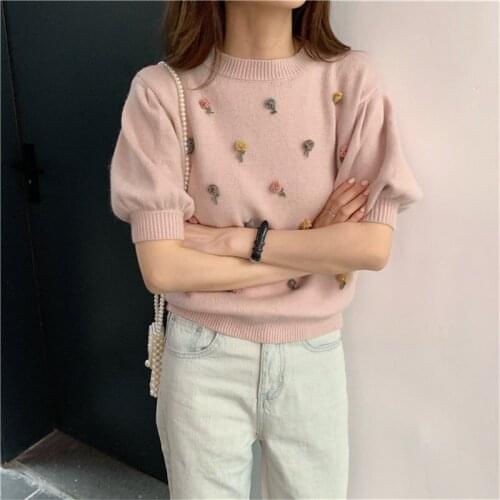 Alien Kitty 2019 Autumn Stylish Brief Flowers Pullovers Sweet Office Ladies Loose Puff-Sleeved All-Match Knitted Women Sweaters