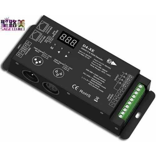 D4-XE 4CH PWM constant voltage CV DMX512 RDM LED decoder controller with digital display XLR3 RJ45 DC12V 24V 36V input 8A*4CH