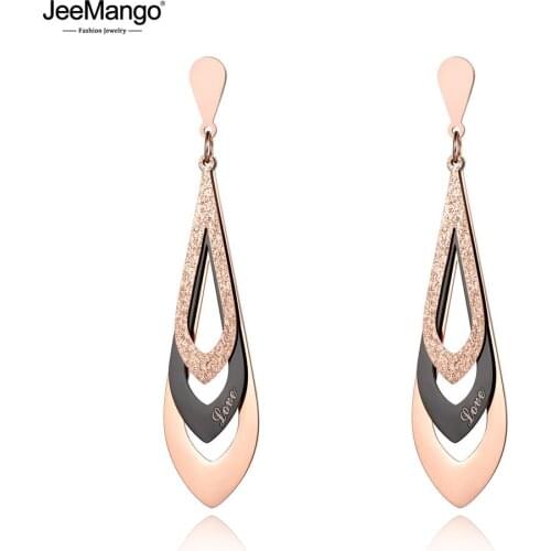 JeeMango Stainless Steel Water Drop Shape Dangle Earrings Jewelry For Women Rose Gold Geometry Anniversary Earrings JE19037