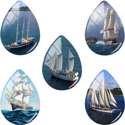 JOINBEAUTY Big Sea Scenery Ship Pattern Teardrop Shape Glass Dome DIY Pendant Accessories Fashion Jewelry Making Handmade VT05