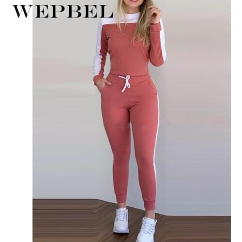 WEPBEL Patchwork Women Set Autumn Long Sleeve Hoodie + Pant Set Skinny Streetwear Tracksuit Drawstring Jogging + Sweatshirt Set