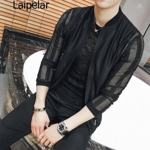 Summer Thin Men Jacket Fashion Mesh Hollow Slim Fit Bomber Jacket Casual Long Sleeve Transparent Windbreaker Coat Man Black