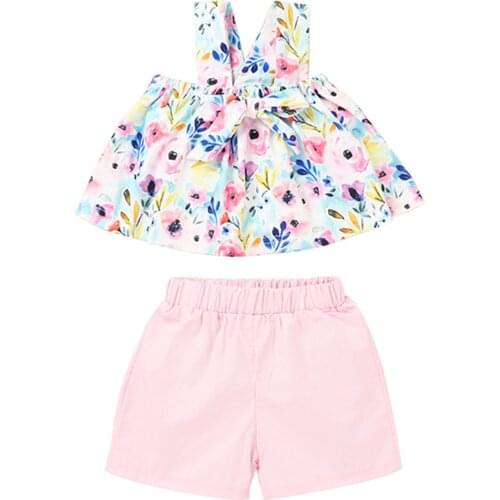 2PCS Kids Baby Girls Summer Sling Set Sleeveless Flower Print Vest Tops and Solid Color Short Pants 2-piece Suits 3M-3T