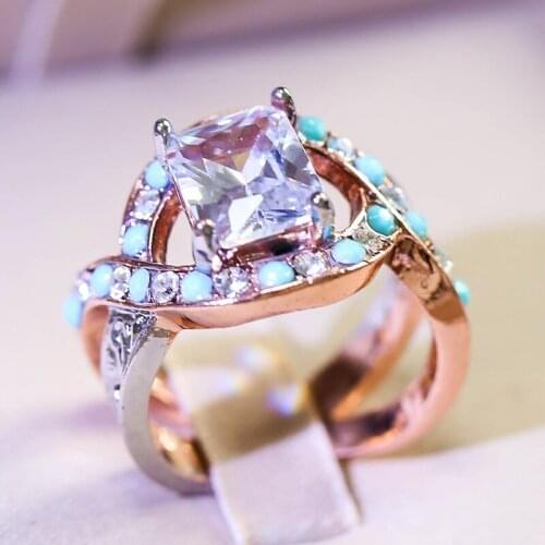 New Design Square White Stone Finger Ring Personality Twisted Cross Blue Beads Rings for Women Wedding Statement Jewelry Gift