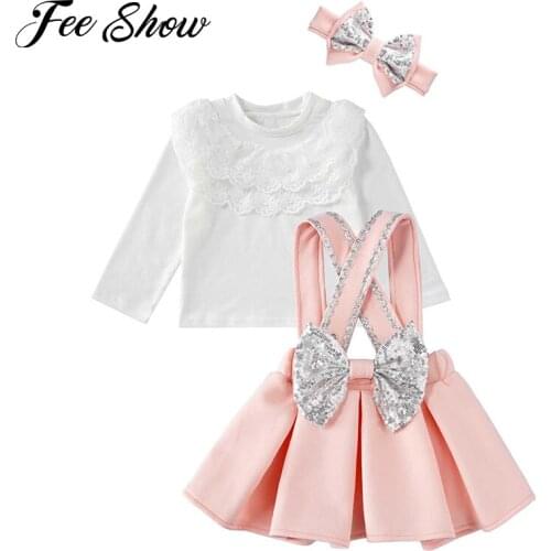 1-5Y Toddler Kid Dress for Girl Baby Clothes Set Long Sleeve Lace Ruffles T shirt Tops+Bow Tutu Strap Skirts Spring Girl Costume