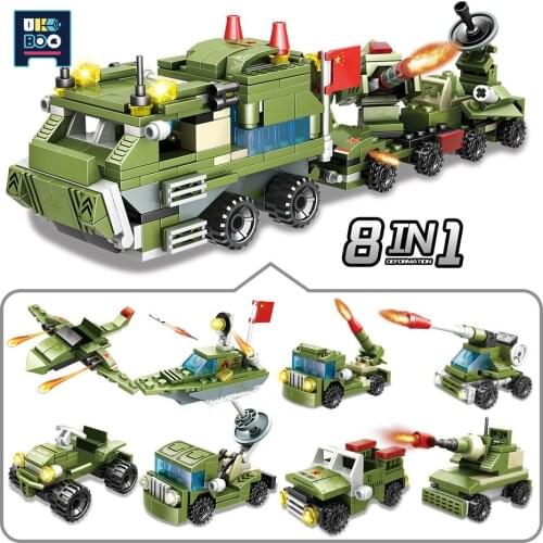 UKBOO 407PCS City Military Assembling Truck Model Building Blocks WW2 Tank Fighter Ship Weapon Soldier Figures Toys for Children
