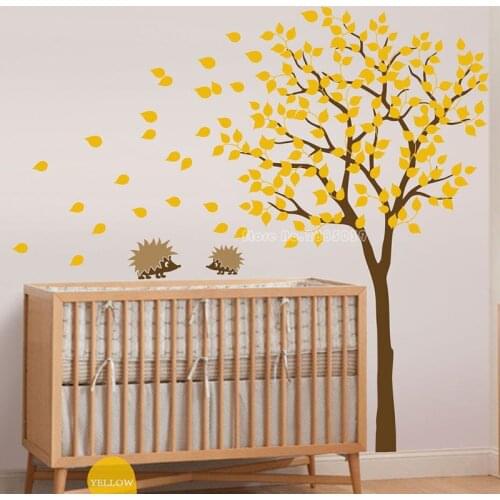 Kids Room Nursery Tree Vinyl Wall Decor Large Tree Leaf Wall Stickers With Hedgehog Wall Decal Art Decoration Wallpaper LL2180
