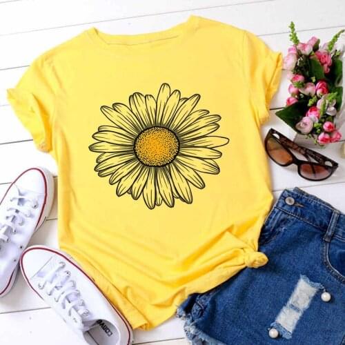 Yellow Women T-shirt 2021 New Summer Casual Harajuku Sunflower Print Tops Female T Shirt Short Sleeve Tshirt For Women Clothing