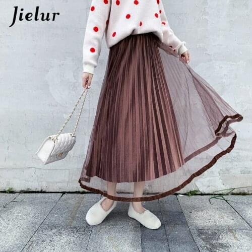 Jielur Pleated Skirt Women Autumn Winter 2020 New Solid Color Elastic High Waist Velvet Skirts Mesh Tulle Skirt Jupe Femme Slim