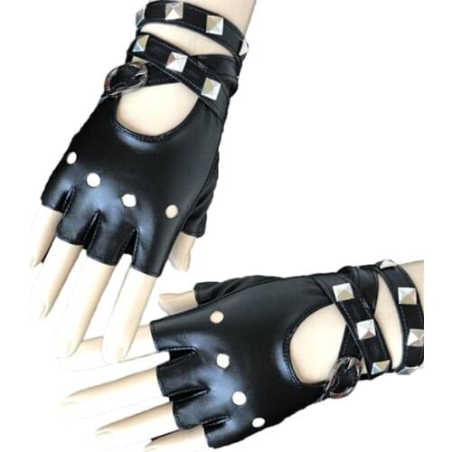 Women Sexy Gothic Punk Cool Disco Dance Rock-and-roll Fingerless Ladyies Short PU Leather Gloves Black Red White