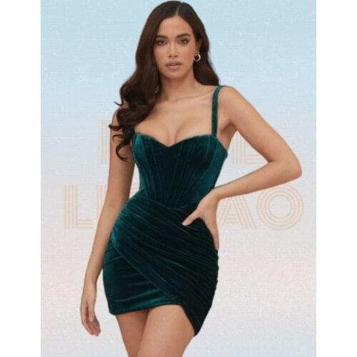 Velvet Dress Women 2021 Summer New Womens Sexy Pleated Short Dress Green Bodycon Dresses Woman Party Night Ladies Dresses