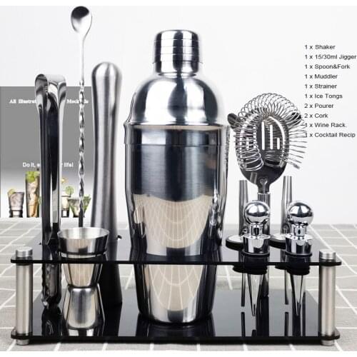 1-13Pcs Stainless Steel Boston Cocktail Shaker 450/550/600/750ML Bar Tool With Nice Rack Cocktails Recipe