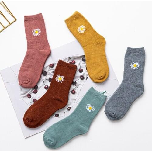 [2 Pairs] Winter Women Socks Cotton Korea Style Daisy Socks Streetwear Fashion High Quality Autumn Female Crew Socks