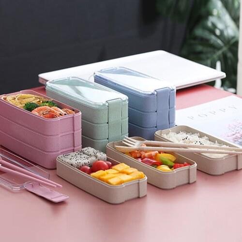 900ml Wheat Straw 3 Layers Lunch Box with Tableware Bento Boxes Containers for Food Microwave Student Lunch Box Europe Style