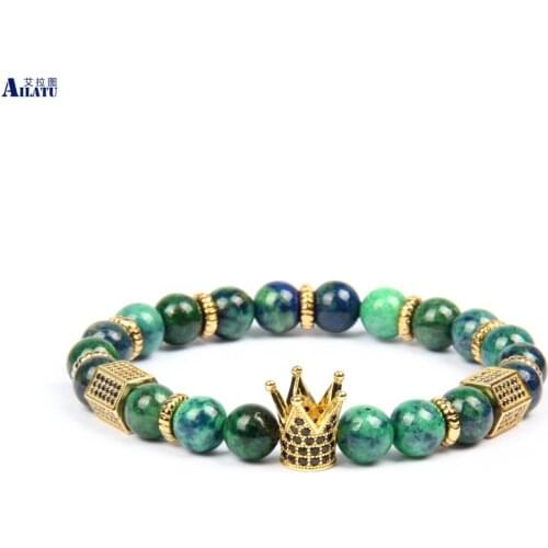 Ailatu Powerful Mens Beaded Crown & Stoppers Bracelets with Natural Phoenix Lapis Stone Beads Top Quality