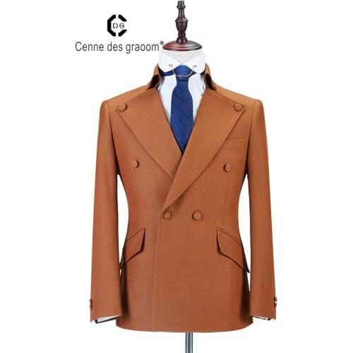 2020 Cenne Des Graoom New Men Suit Coat Pants Latest Designs Double Breasted Two Pieces Slim Fit Khaki Wedding Casual GroomDG-A