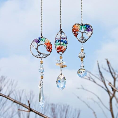 H&D Chakra Healing Stones Tree of Life Suncatcher Rainbow Maker Window Hanging Ornament Housewarming Gift Collection Car Charms