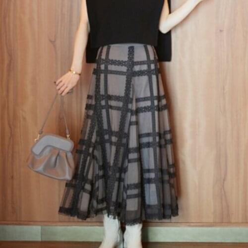 Temperament Elegant Lace Plaid Patchwork Skirts High Waist Ball Gown Gauzy Skirt 2021 Autumn New Japanese Chic Faldas Mujer