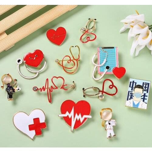 Stethoscope Brooch Doctor Nurse Enamel Pins Red Heart Electrocardiogram Collar Lapel Pin Unisex Medical Jewelry Graduation Gift