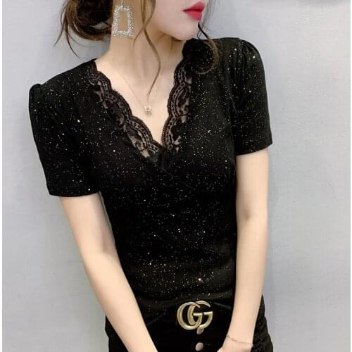 2021summer The New V-neck T-shirt Lace stitching Short sleeve Top Women T Shirt Plus Size