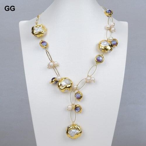 GG Jewelry Natural Freshwater Cultured White Keshi Pearl Gold Plated Ede Purple Murano Glass Necklace 21" For Women