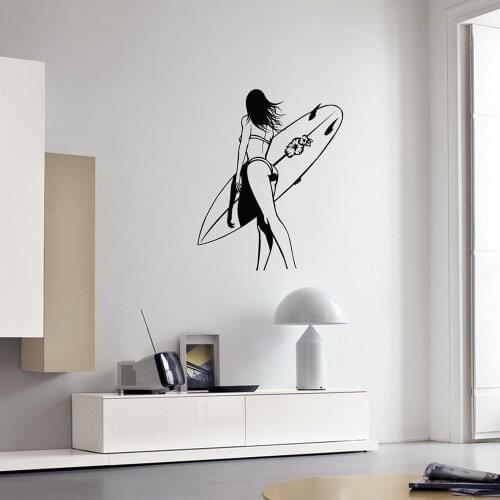 Hot Sexy Woman Surfing Girl Vinyl Wall Art Sricker Surfer Sport Stickers Mural Beach Style Modern Home Decoration Decals G599