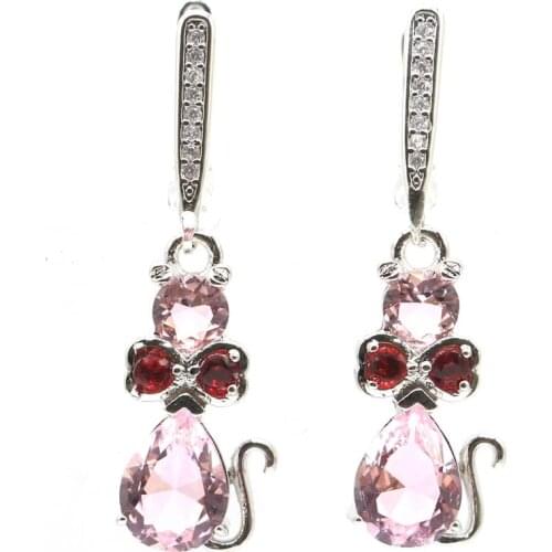 35x10mm SheCrown Pretty Cat Shape Created Pink Kunzite Ruby White CZ Gift Silver Earrings