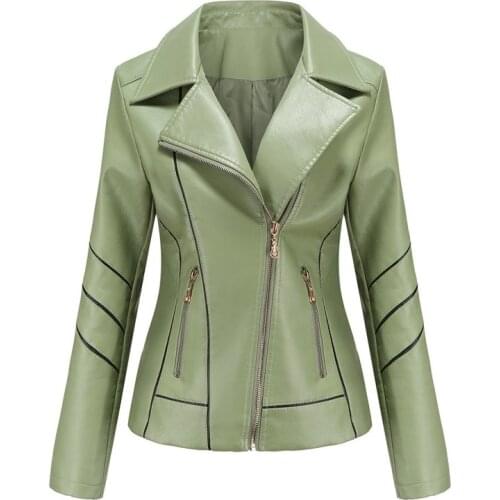 2020 Mustard Green Spring Autumn Turn-down Collar Black Leather Jacket Elegant Faux Leather Jackets Women Moto Biker PU Outwear