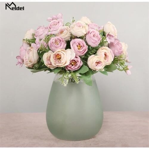 Meldel Mini Bouquet Artificial Flower 10 Heads Silk Rose Bridesmaids Bouquet 5 Forks Fake Flower DIY Home Garden Wedding Decor