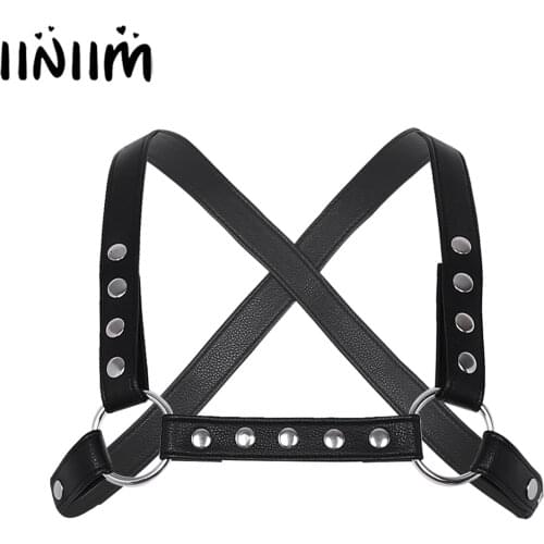 Mens Body Chest Harness for Club Party Adjustable Flexible Faux Leather X Shape Belt with Metal O-Rings Bondage Cosplay Costumes
