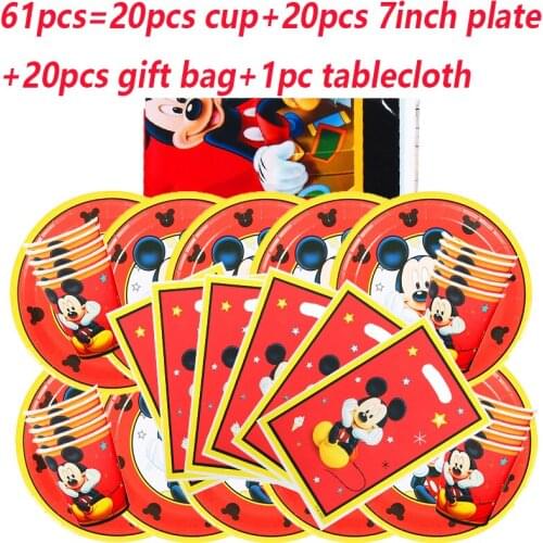 20pcs/set Red Mickey Mouse Cartoon Disney Theme Birthday Party Decorations Supply Party Disposable Tableware Set Paper Cup Plate