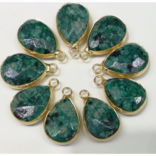 Wholesale Natural green stone Charms water drop gold rim Connector Necklace Pendant gold for Bracelet jewelry 12pcs/lot