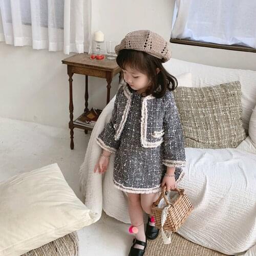 Autumn and winter girls suit fashion gray long-sleeved woolen short coat vest skirt toddler girl three-piece princess dress