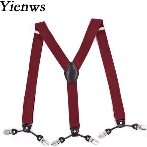 Yienws Bretels Mannen Mens Suspenders for Pants Y-sharp Burgundy Braces for Man 6 Clasp Casual Male Suspenders 3.5*120cm YiA084