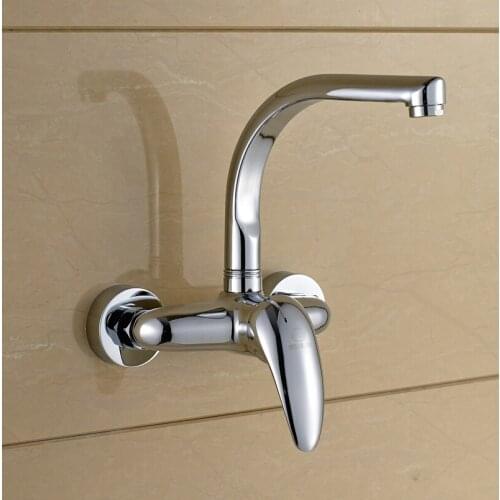 All copper wall type kitchen hot and cold water faucet, single wall hanging dish basin sink, faucet can rotate