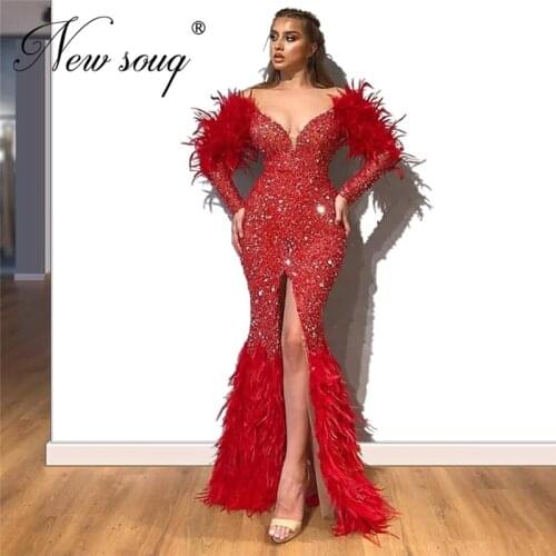 Feather Beaded Evening Dress Islamic Mermaid Prom Dresses Couture 2020 Off The Shoulder Crystals Arabic Dubai Wedding Party Gown