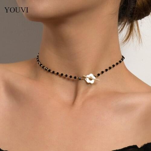 YOUVI Luxury Black Crystal Glass Bead Chain Choker Necklace for Women Flower Lariat Lock Collar Necklace Jewelry Party Charm