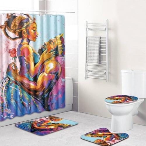 African Men And Women Pattern Shower Curtain Set Polyester Waterproof Bath Curtain 180x180cm With Bathroom Mat Set