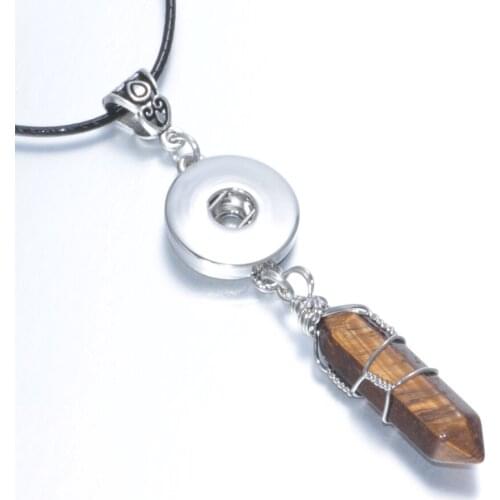 18mm Snap Jewelry Button Charms Natural Hexagon Tigers Eye Stone Pendant of Necklace With Black Leather Necklace DZ0118f