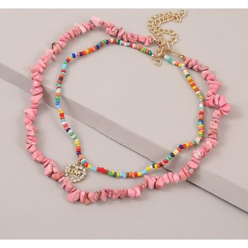 2Pcs/Set Bohemian Pink Natural Stone Necklaces For Women Fashion Boho Rhinestone Heart Pendant Multicolor Beaded Necklace Gifts