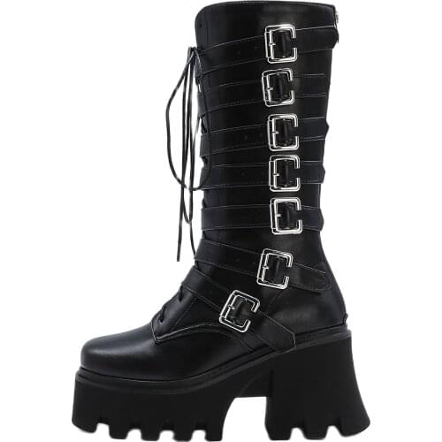 2021 Winter Autumn Black Half Boots Fashion Square Head Chunky heels Cross Lacing Gladiator Women shoes New Big Size 44 New