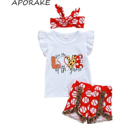 2021 1-6Y Summer Girls Casual Clothes Set Baseball Print White Round Collar Sleeveless Tops+Leopard Ruffle Red Shorts+Headband