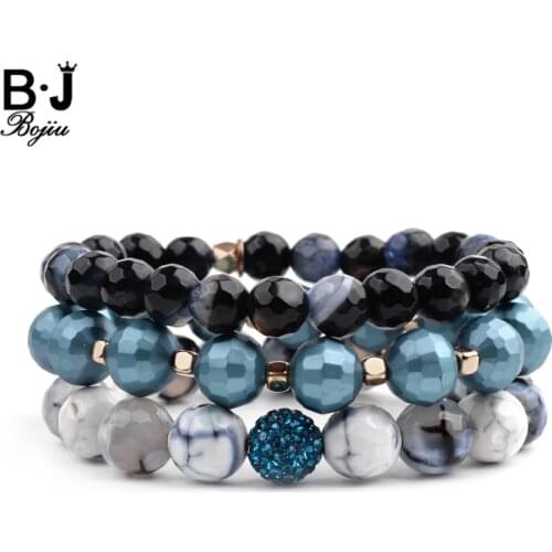 3 Pcs/Set Natural Stone Vintage Womens Bracelets Faceted Hematite Howlite Crystal Jaspers Quartz Glass Beads Bracelets BCSET269